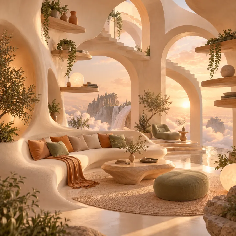 A dreamy AI-generated living room with a sofa melting into the wall and shelves floating in mid-air
