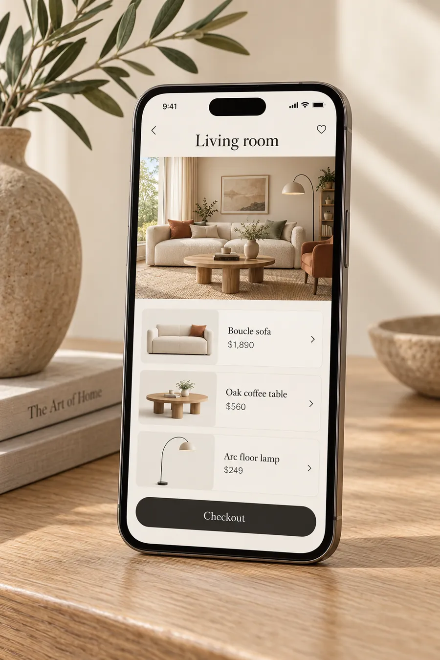 The Delaram app on a phone: a designed living room above a list of in-stock products with prices and a checkout button