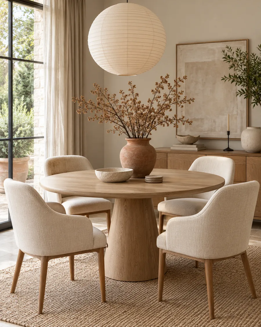 A dining nook designed with Delaram: round oak pedestal table, cream upholstered chairs and a paper pendant lamp