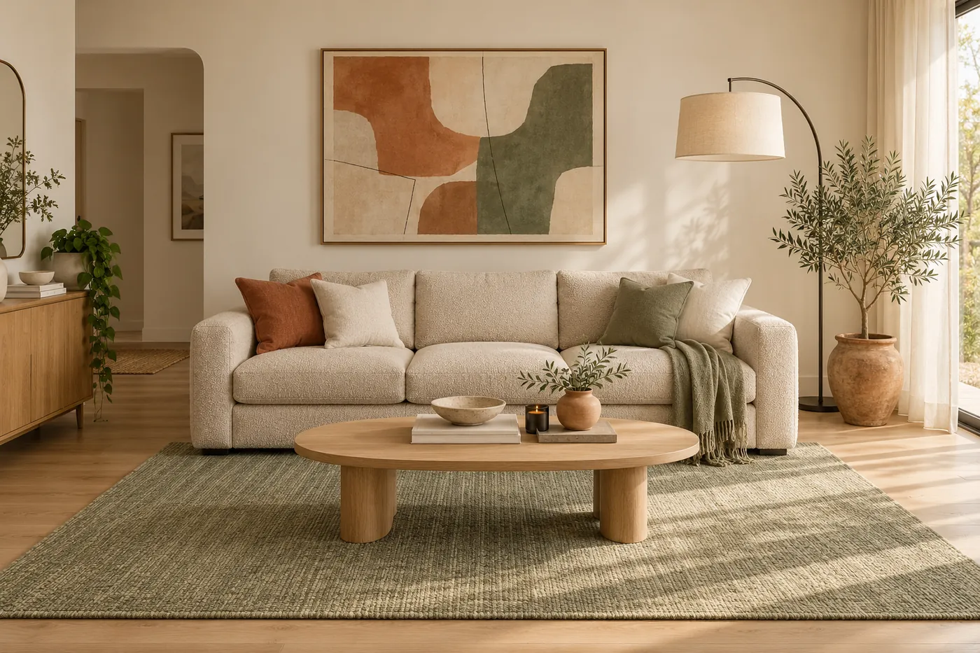 The living room Delaram designed: an oat bouclé sofa, oval oak coffee table, sage wool rug and a linen arc floor lamp