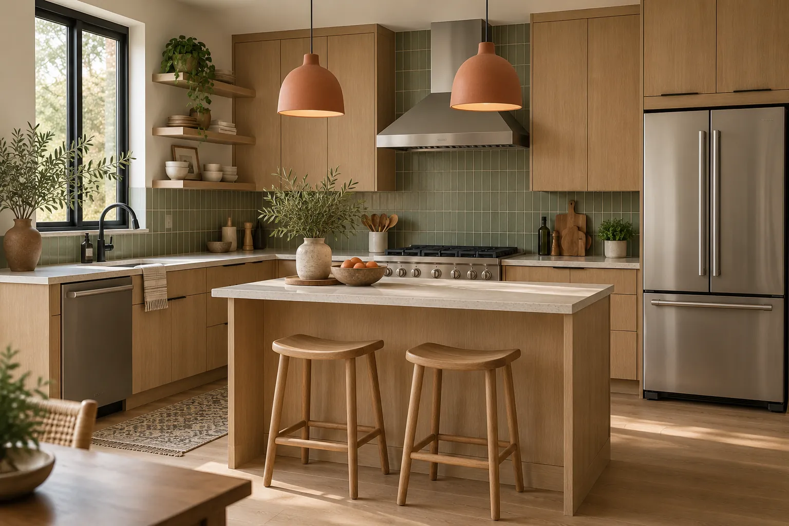 A warm oak kitchen with a 36 inch professional gas range, stainless hood, French-door refrigerator and a built-in dishwasher